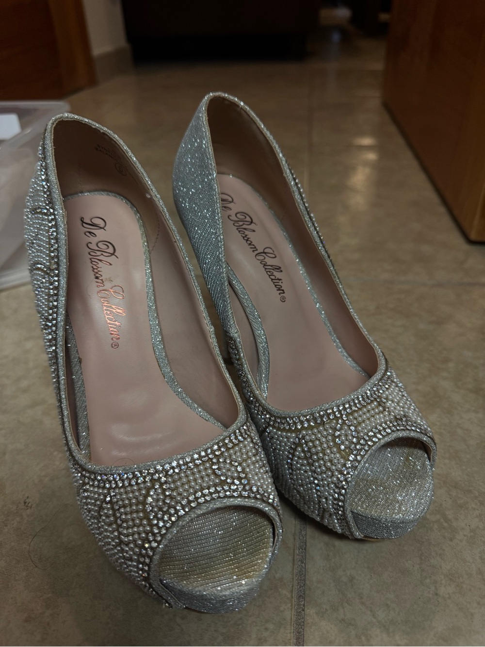 De Blossom Collection Women's Silver Crystal Peep-Toe Heels